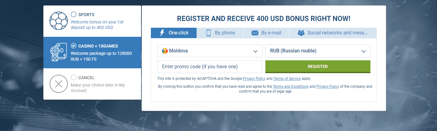 Sign up for 1xBet